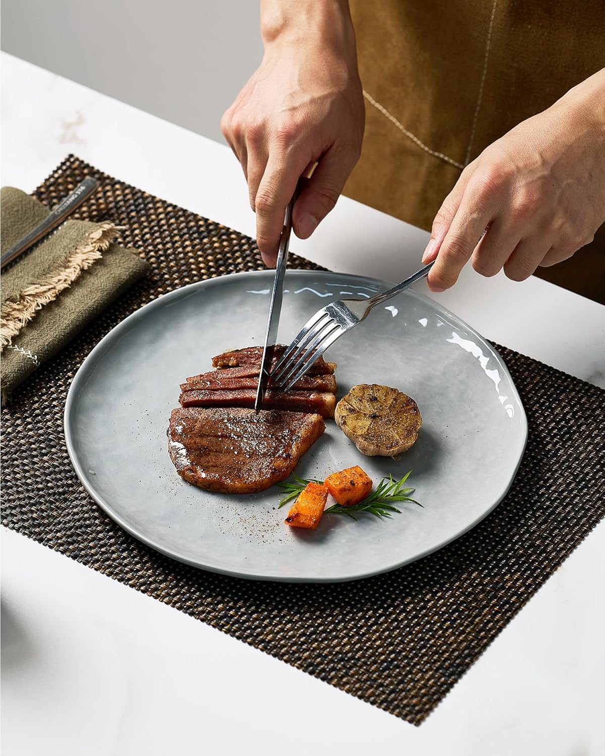 Famiware Porcelain kitchen plates and bowls set, Modern dishes set for 4, Handmade Wave Edge Dinnerware Sets, Microwave and Dishwasher Safe Tableware, Sleek Grey (16pc) - Image 4