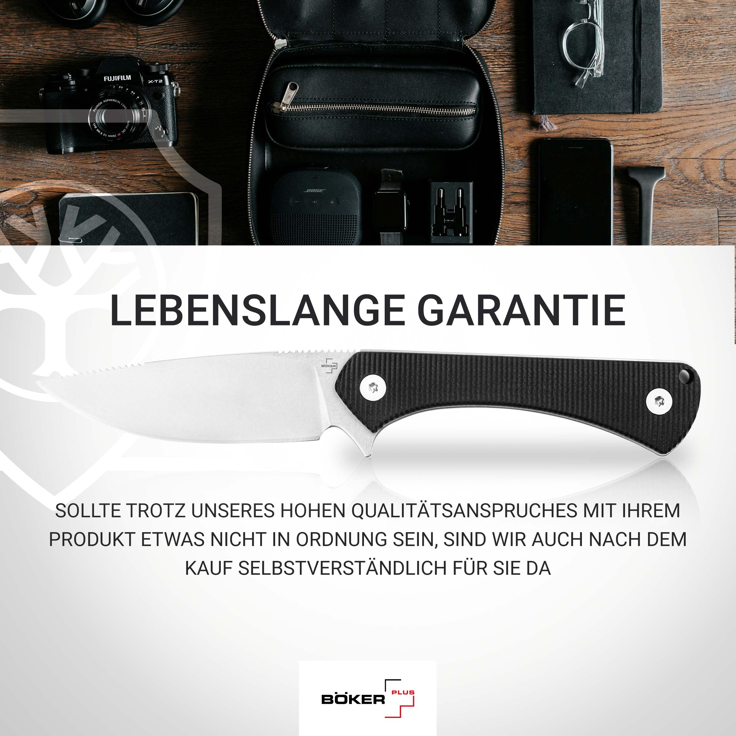 BÖKER PLUS® Brasa – EDC Messer mit feststehender Klinge 42a konform – Fulltang Jagdmesser mit G10 Griff schwarz & Kydex-Scheide – leichtes Backup Gürtelmesser mit 7,2 cm Droppoint Klinge
