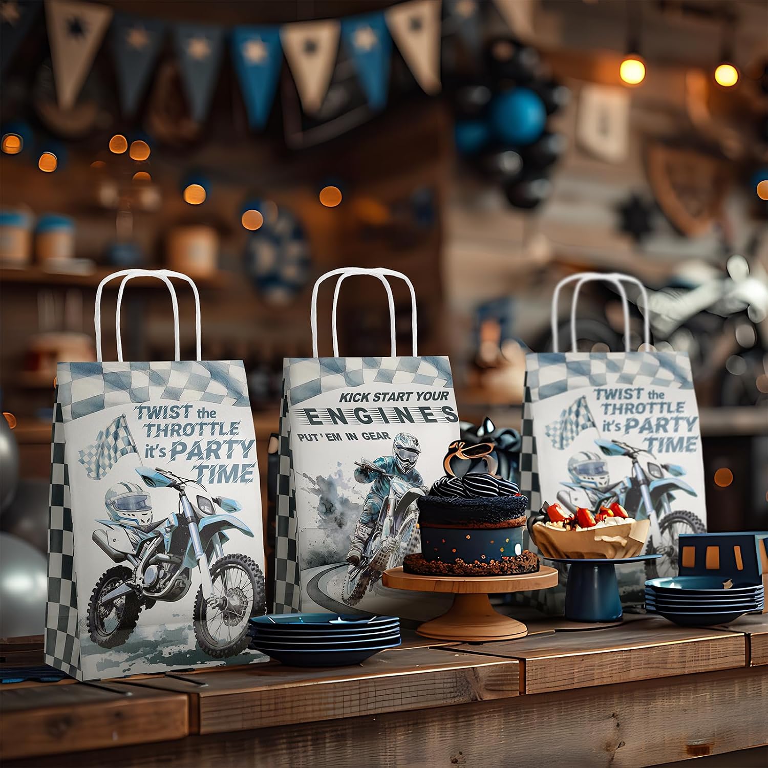 SamPartyShop 24 Pack Dirt Bike Party Favor Bags for Kids – Motocross Goodie Bags with Handles, Dirt Bike Birthday Decorations, Extreme Party Supplies for Boys