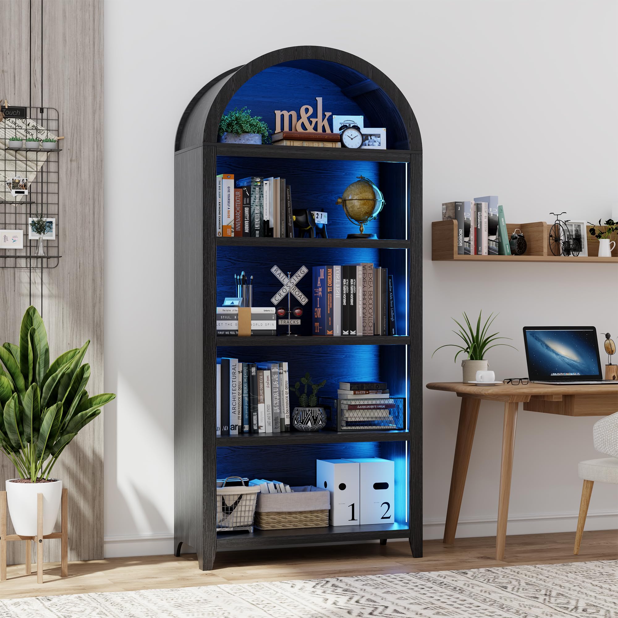 Gurexl 175 CM Vetrina da Collezione con LED a 3 colori e Sensore Umano,Libreria da Arco con 5 Ripiani,per Soggiorno,Ufficio,Studio,Camera da letto,Nero Classico