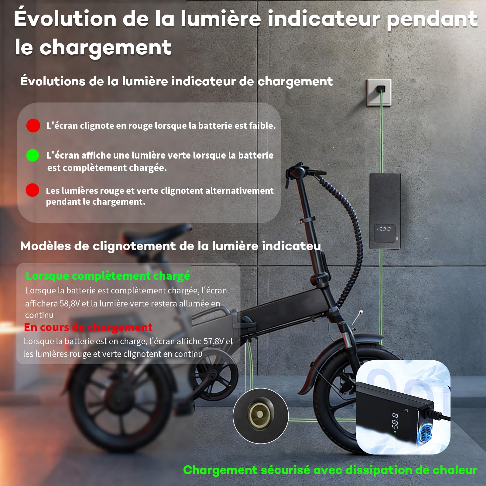 Cargador de 58,8 V 2 A para batería de iones de litio 52 V - Cargador de bicicleta eléctrica y patinete con pantalla LED