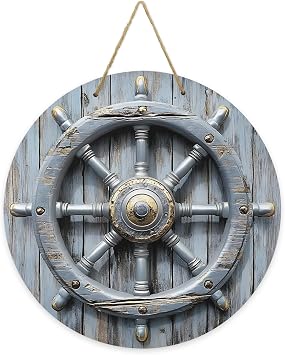 Welcome Sign for Front Door Nautical Blue Rudder Wood Door Hanger for Outdoor Outside Porch, 12 Inch Round Wooden Wreath Indoor Wall Hanging Decoration Vintage Wooden Broad Summer