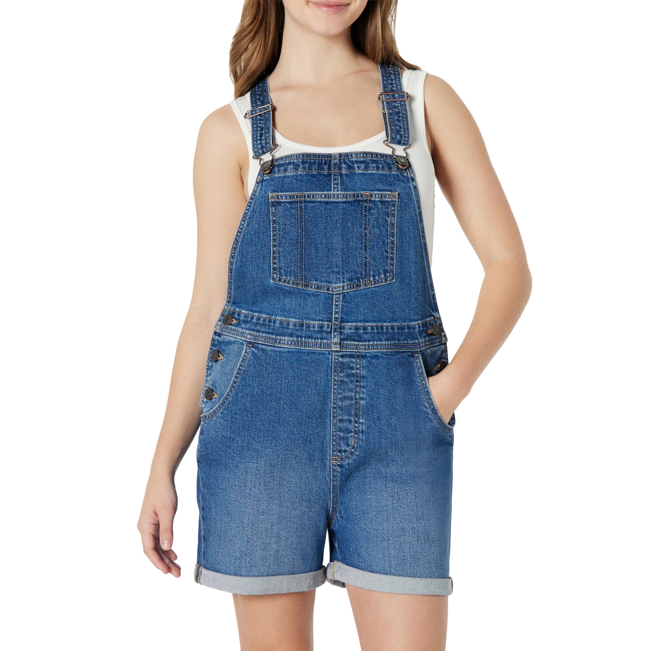 Amazon Essentials Peto Corto Vaquero de Corte Holgado y Elasticidad Media con Tirantes Ajustables Mujer