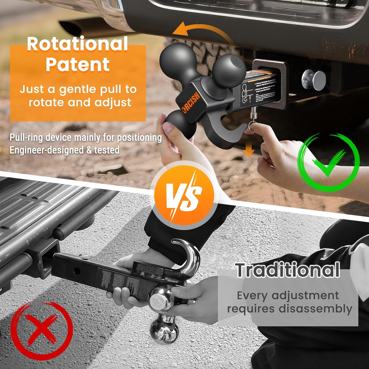 ORCISH 360° Swivel Trailer Hitch, Tri-Ball Mount with Pin & Heavy Duty Hook, Matte Black Plated Trailer Ball Size 1-7/8", 2" and 2-5/16", Fit 2 Inch Hitch Receiver, Rotating Ball Hitch, Towing Hitch - Image 2