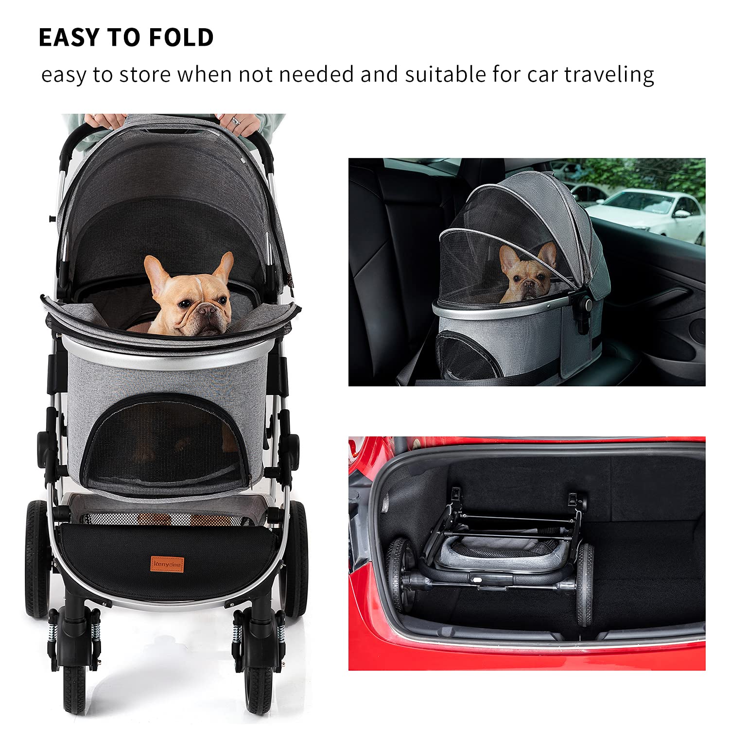 Kenyone Pet Stroller, 3 in 1 Multifunction Pet Travel System 4 Wheels Foldable Aluminum Alloy Frame Carriage for Small Medium Dogs & Cats (Gray) : Pet Supplies