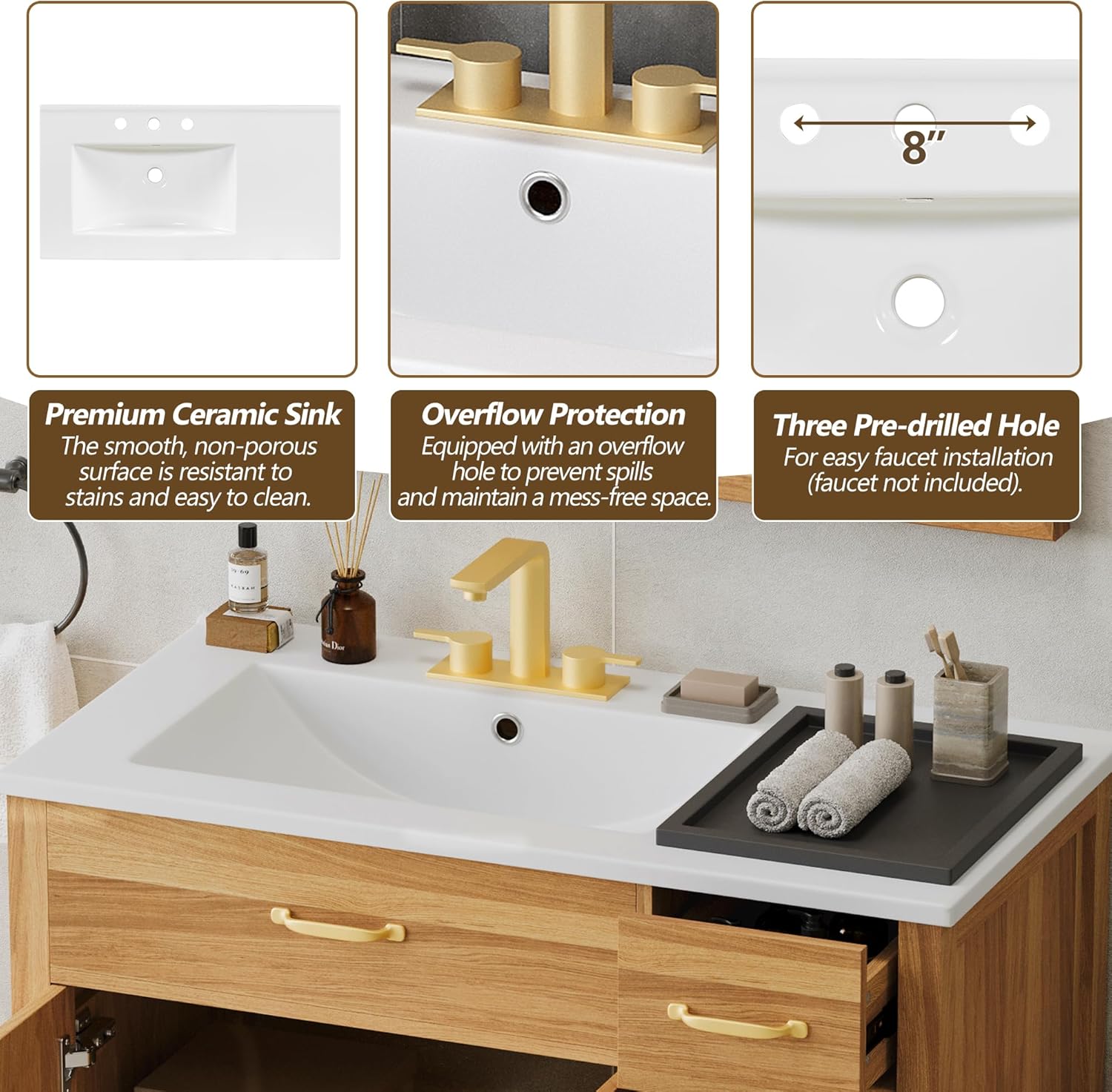 Mirightone 36" Bathroom Vanity with Sink, Bathroom Vanities with Left Offset Sink, 36 Inch Single Sink Bathroom Vanity with Soft-Close Doors & Drawers, Adjustable Shelf (Wood)
