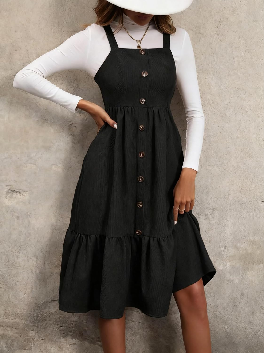chouyatou Women's Sexy Spaghetti Strap Ruffle Hem Corduroy Dress A Line Pinafore Overall Jumper Midi Long Dress