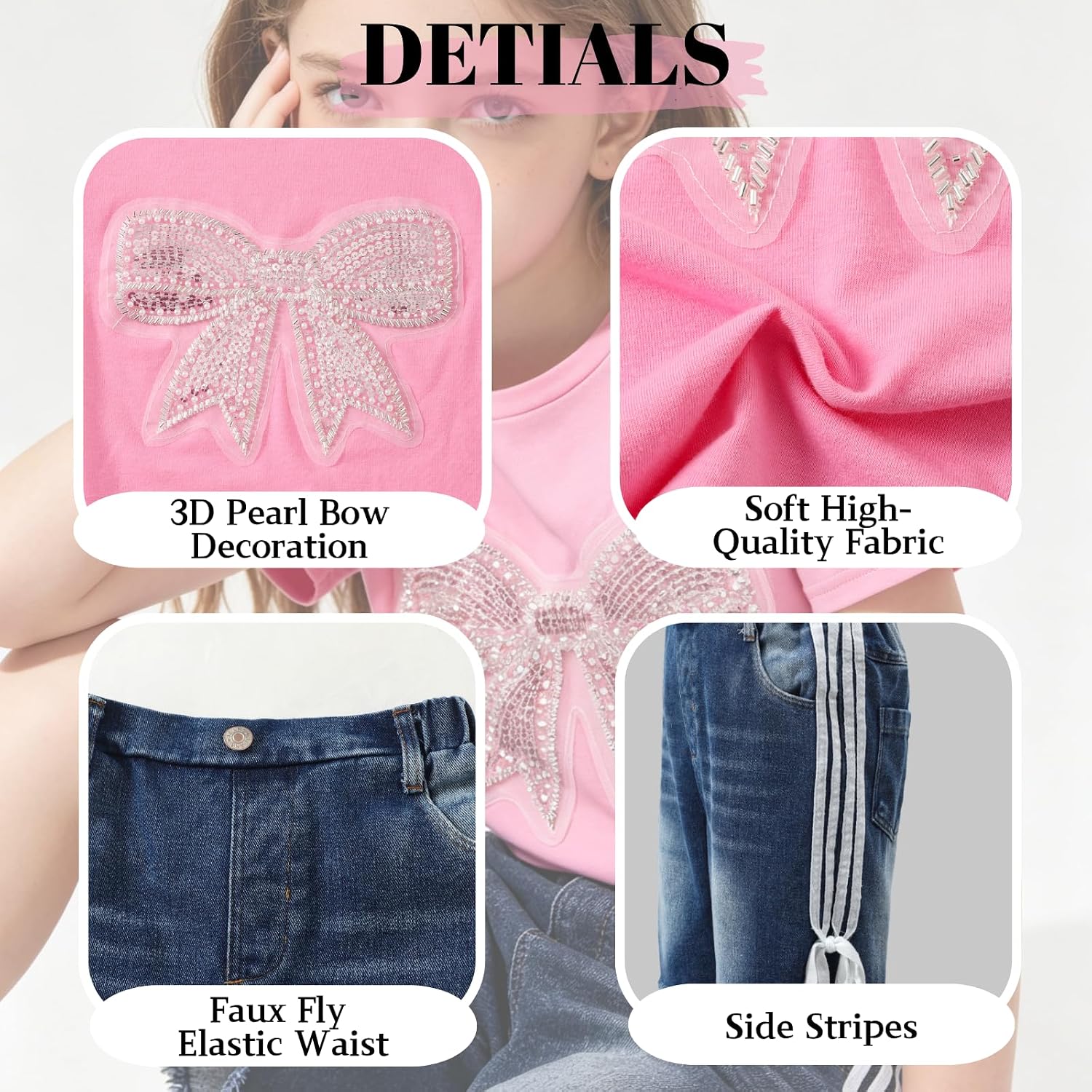 Size 7-14Y Teen Girls Clothes 2 Piece Outfit Cute Bow T-Shirt Top Striped Wide Leg Denim Shorts Summer Clothing Set
