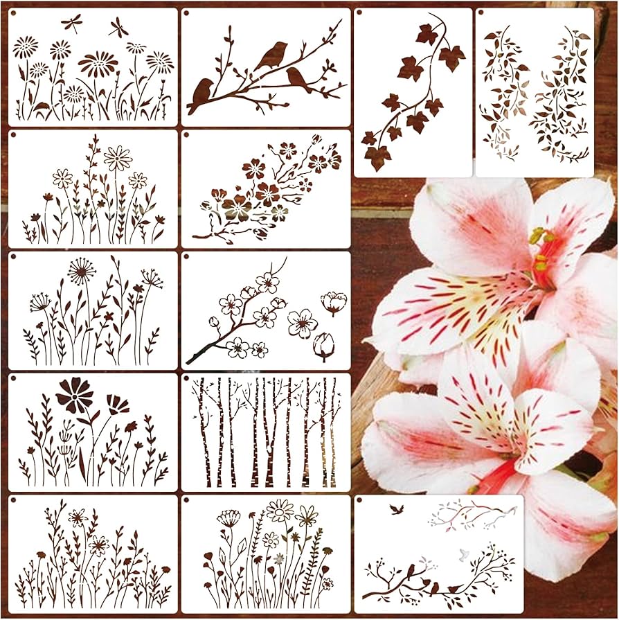Amazon.com : Wildflower Stencils for Painting on Wood, Vine Cherry Blossom Bird Tree Leaf Stencils for Crafts Reusable Wood Burning Drawing Art Paint Stencils and Patterns for Wall Cake Cookie (13 Spring