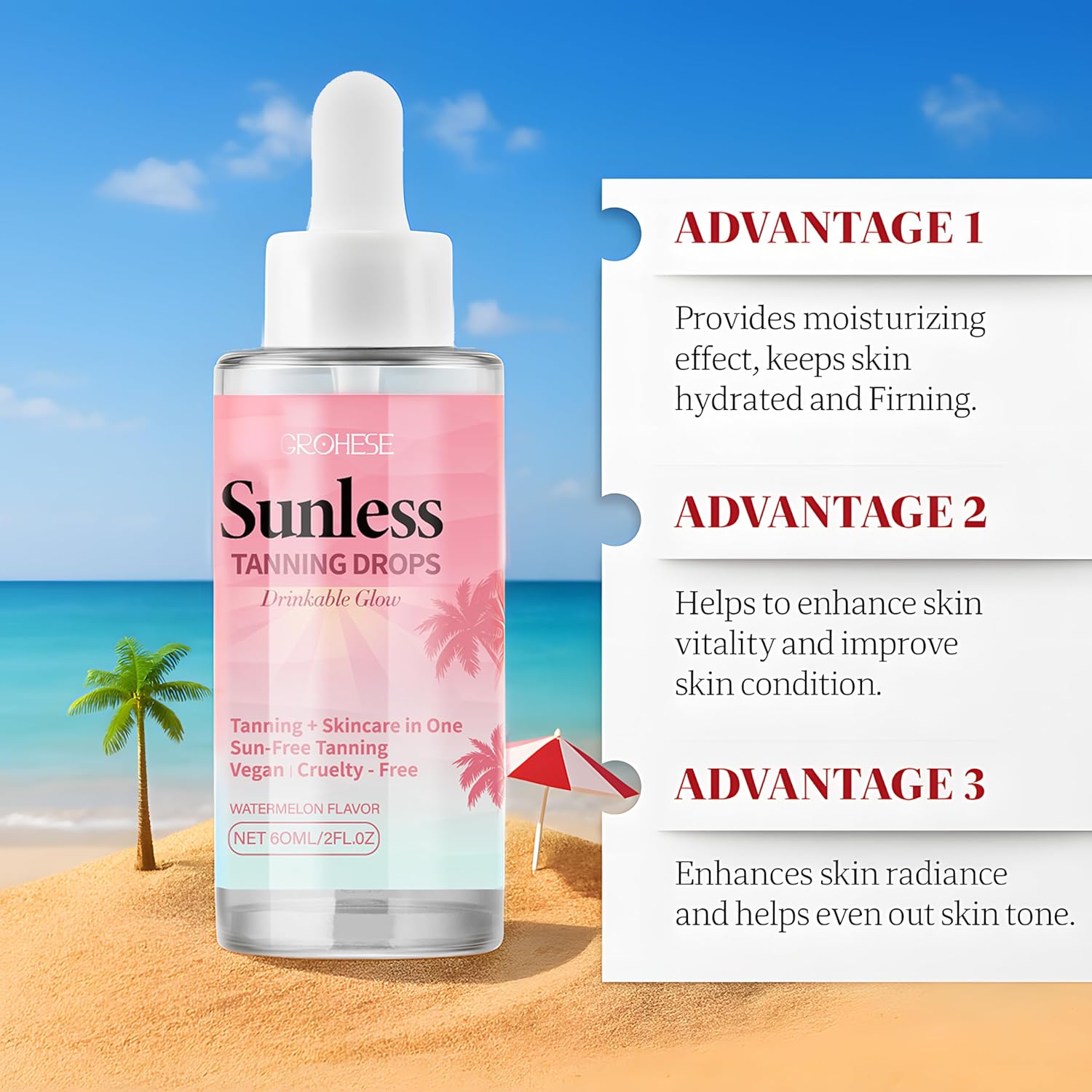 Sunless Tanning Drops to Drink – Oral Drinkable Self Tanning Drops for Face & Body, Tanning Lotion to Add to Moisturizer, Watermelon Flavor - Hydrating Bronzing Formula (1pc)
