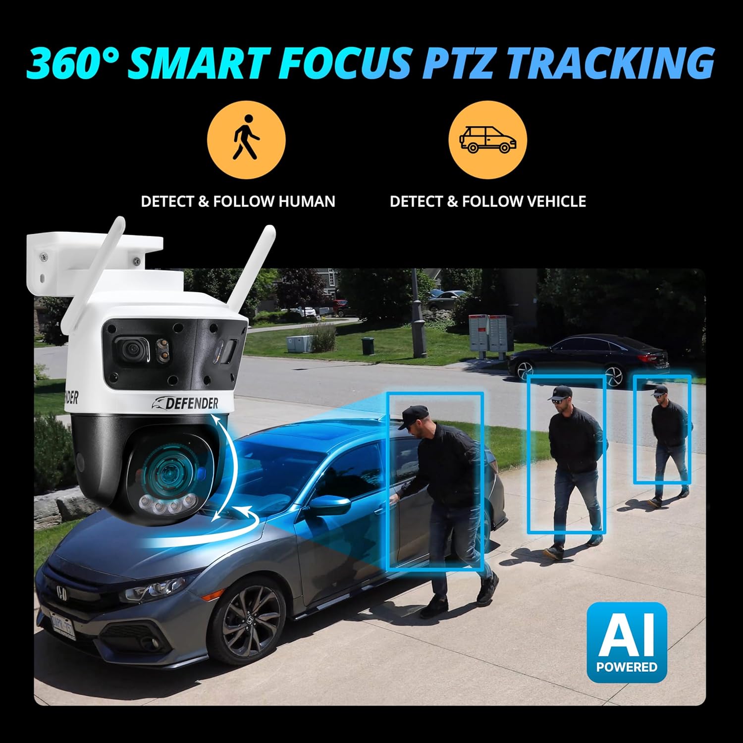 Defender AI Powered 3K+ Guard WiFi Tri-Lens PTZ Plug-in Power Outdoor Security Camera, 3-in-1, 360°, 8X Zoom, Human/Vehicle AI Detection, Blue/Red LED, WiFi 6, Works w/Guard App, 2 Pack - Image 4