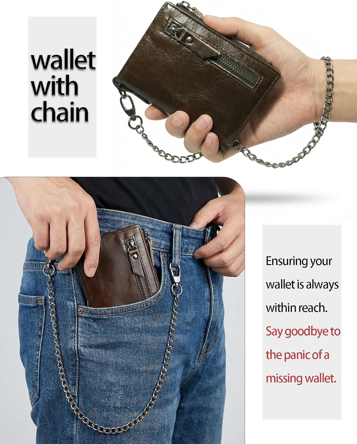 Genuine Leather Chain Wallets for Men | RFID Blocking Mens Bifold Wallet with Anti-Theft Biker Chains | Zipper Coin Pocket, ID Window,valentines day gifts for him - Image 2