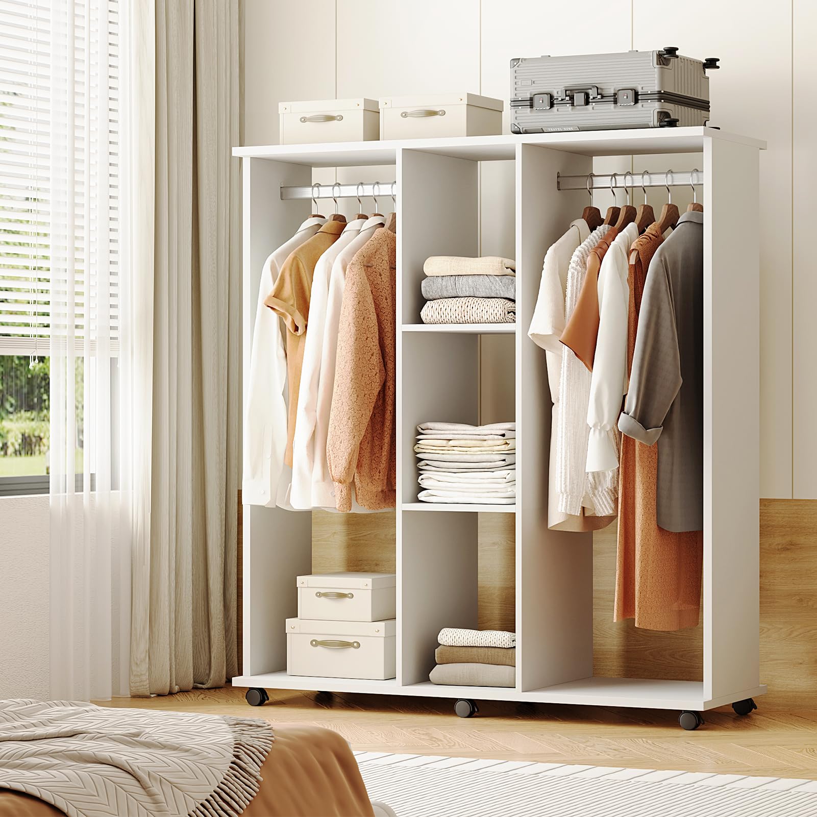 Warmiehomy Open Wardrobe with 2 Hanging Rails Bedroom Wardrobe Clothes Storage Movable Clothes Racks on Wheels,Cupboards Unit for Bedroom Furniture Cloakroom Hallway(White/120x40x128cm)