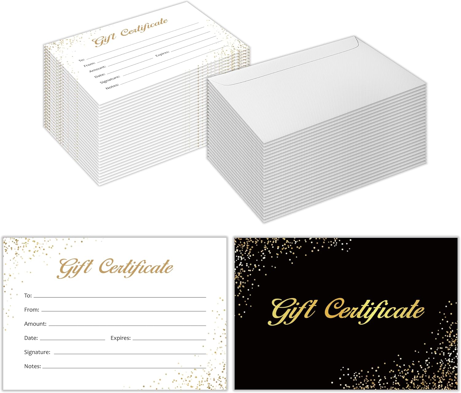 Blank Gift Certificates for Business with Envelopes, Set of 50 Custom Gift Cards for Spa, Salon, Restaurants, 4 x 6 Inch Client Vouchers -Black
