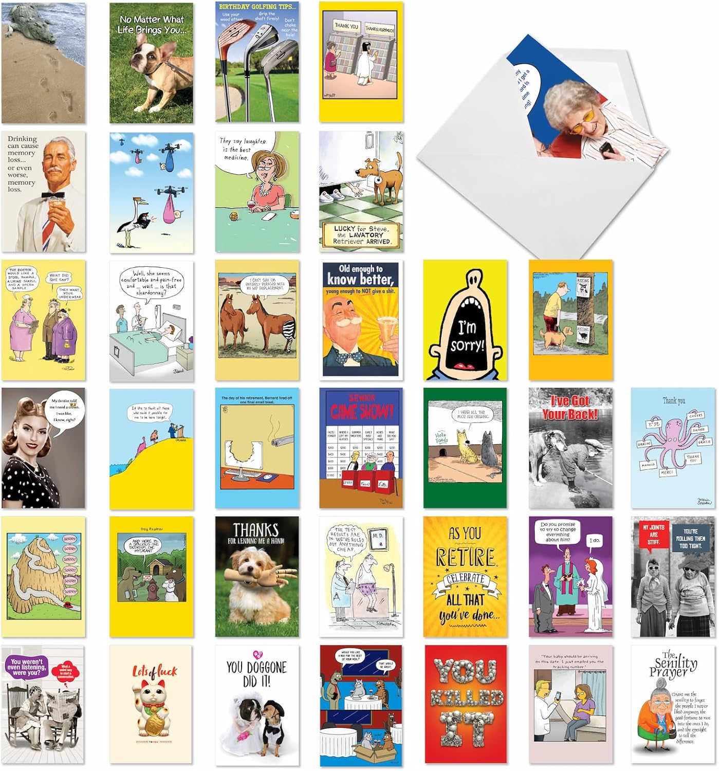 NobleWorks - 36 Assorted Funny Mixed Occasions Blank Greeting Cards Bulk Box Set w/Envelopes, Adult Humor Get Well, Variety Pack for Men and Women (36 Designs, 1 Each) - Mega AC9135XXG-B1x36