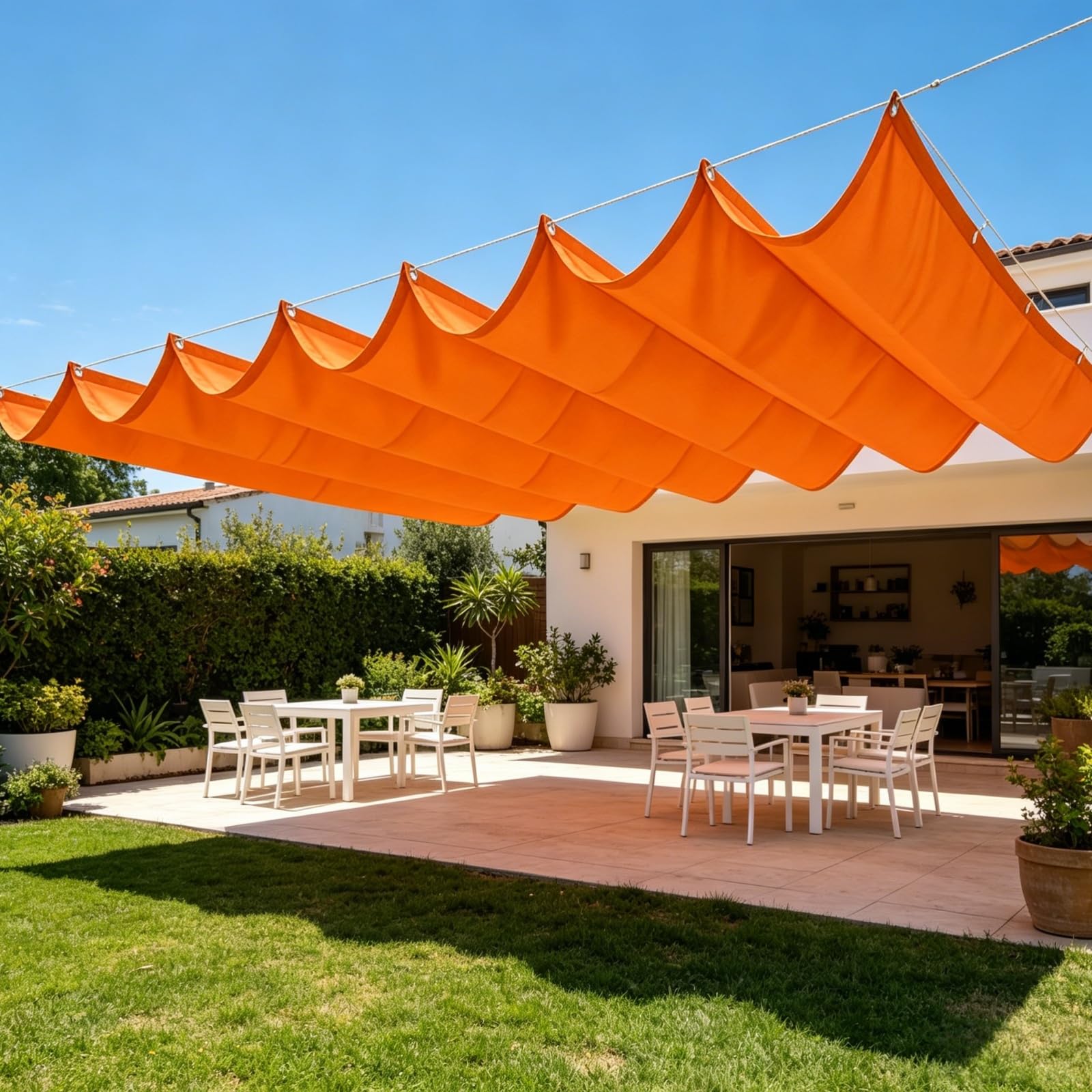 Einziehbare Welle Sonnensegel 2.2 x 4 m Nach Maß Wetterfest Verstellbar Wellenmarkise mit Ösen Und Kordel für Garten Pergola Balkon Terrasse Outdoor, orange