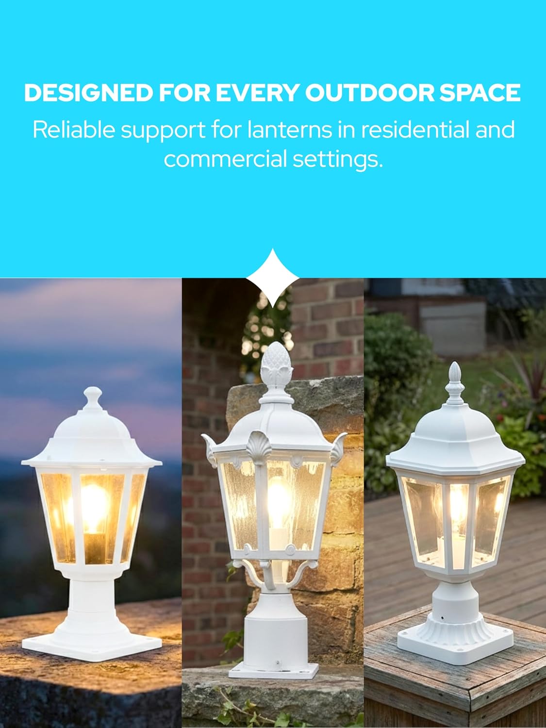 KASTLITE Pier Mount Base for Outdoor Light Fixtures – 3" OD Heavy-Duty Cast Aluminum Rust-Proof Mounting Hardware for Deck Porch Patio Fence Pillar & Column Lights – 5.8" x 5.8", Decorated, White
