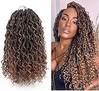 Vista 17 de Locs de diosa de imitación de pelo de ganchillo boho, locs de río boho, hippie ondulado de ganchillo con cabello rizado en el medio y puntas
