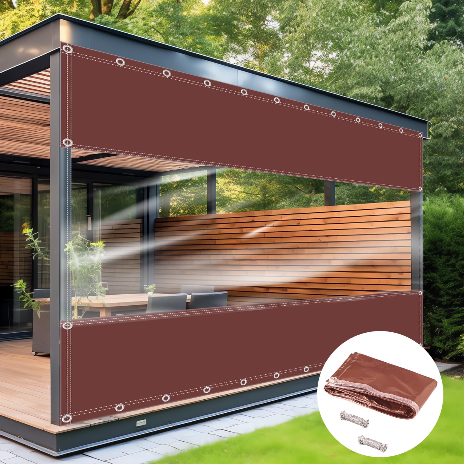 8'H x 10'W Vinyl Curtains for Patio 19 oz Outdoor Clear Panel Curtain Vinyl Patio Enclosure with Grommets Waterproof UV Resistant Vinyl Tarp for Outdoors Indoors Porch Gazebos (Coffee)-image-11