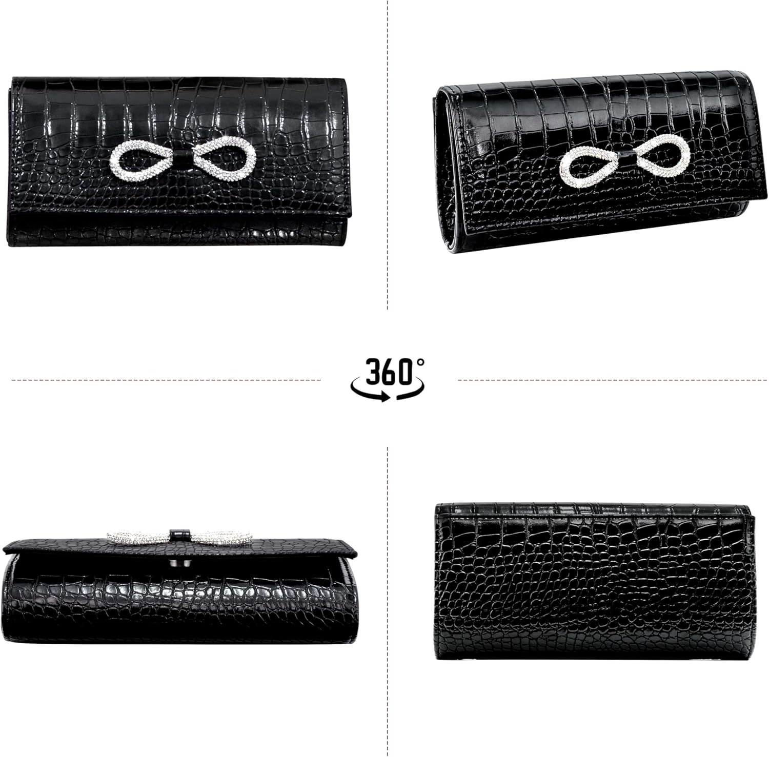 Larcenciel Black Patent Crocodile Evening Clutch Purses for Women with Rhinestone Bow & Chain for Wedding Prom Cocktail Party - Image 7