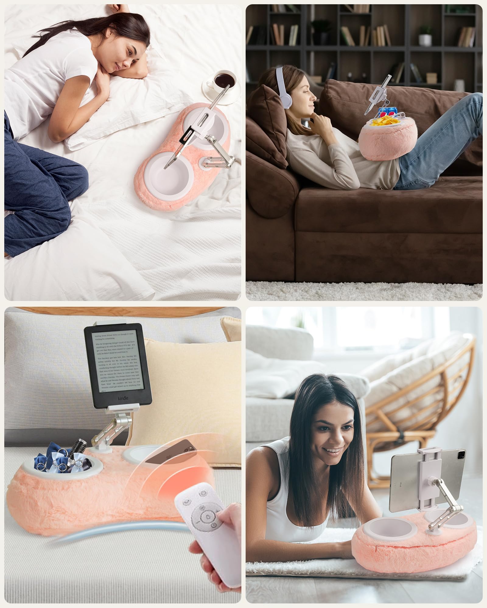 SHUWEI Supporto per tablet Kindle iPad con due ciotole per snack, supporto per tablet per leggere a letto per Kindle, tablet, iPad, iPhone da 4,7 a 13 pollici
