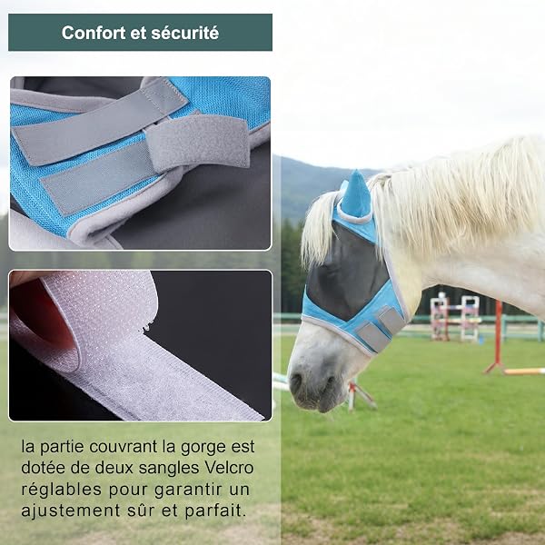 Masque Anti-Mouches pour Chevaux, avec Protection pour Les Oreilles, Protection Anti-UV, Maille Respirante, Large Espace pour Les Yeux, Trou pour Le Toupet, sans Frottement, Bleu Lac Medium - 5