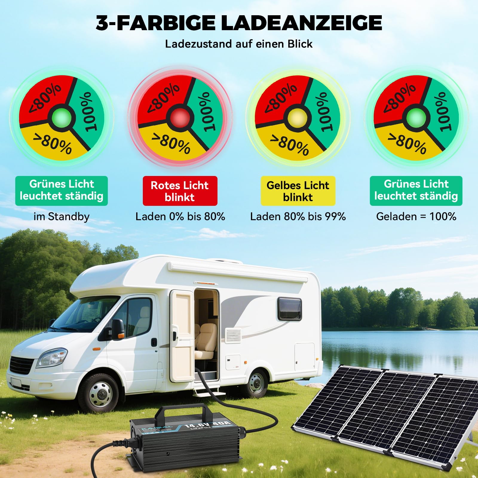 KAISAL 14.6V 40A LiFePO4 Ladegerät, LiFePO4 Batterieladegerät für 12V/12.8V Lithium-Eisenphosphat-Batterien, 12V Lithium Ladegerät mit Anderson Stecker, für Wohnmobil, Boote, Solar Home Systeme