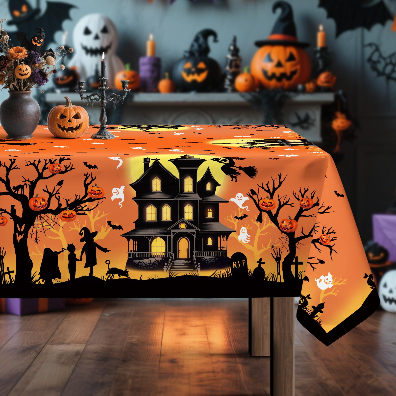 Arquiel Halloween Witch Orange Tablecloth Waterproof, Bats Black Table Cloth Rectangle, Washable Table Cover for Halloween Party Home Kitchen Decoration (152x304cm) — image 1