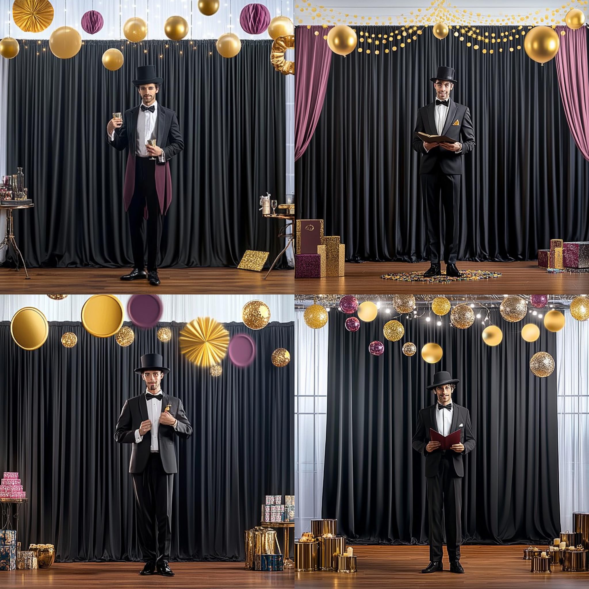Lot de 4 panneaux de rideaux non transparents en tissu non transparent pour photographie de mariage, fête de mariage, décoration d'intérieur - 3 x 6 m d'épaisseur - Noir