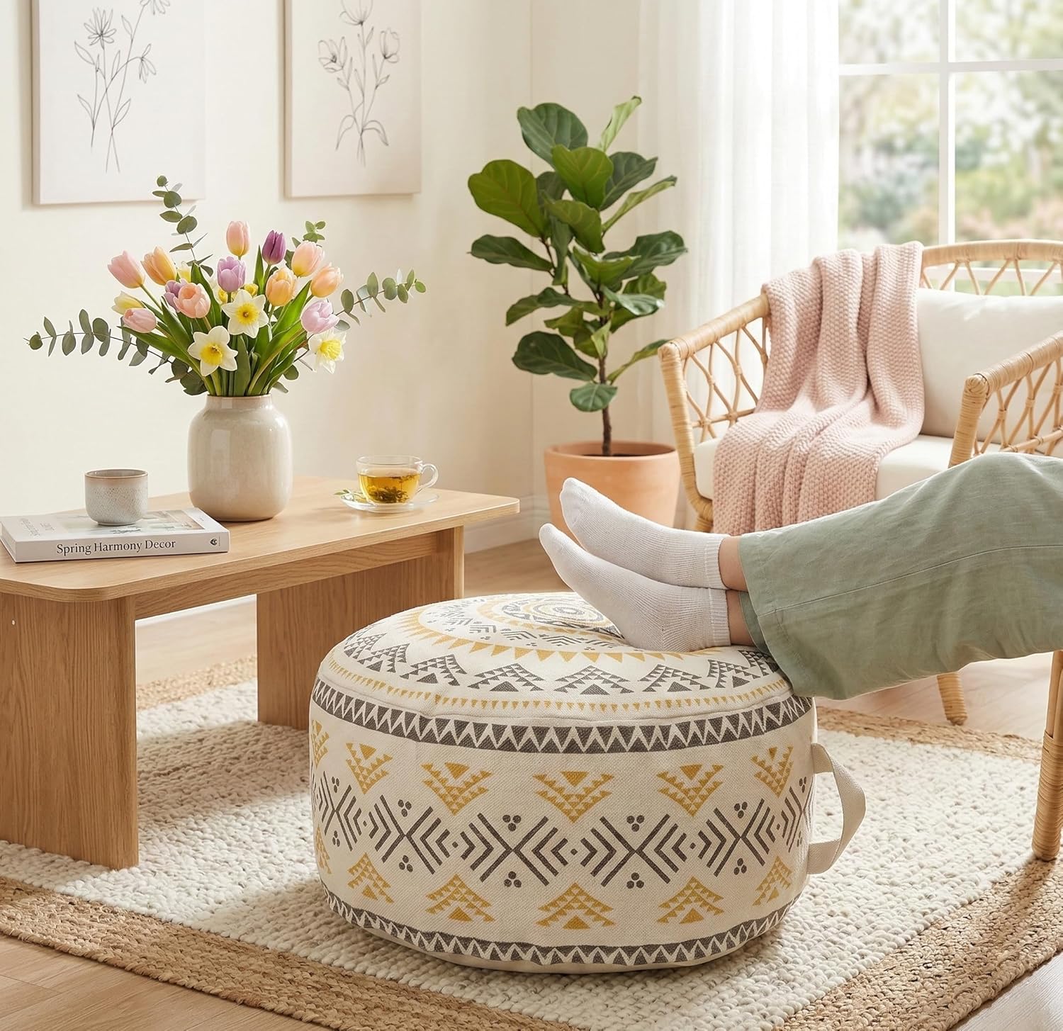 MOCOFO Unstuffed Round Pouf Cover, Boho Geometric Ottoman Footstool Cover with Handle, Decorative Floor Pillow & Storage Bean Bag for Living Room, Nursery, Patio (Yellow,18x18x8)