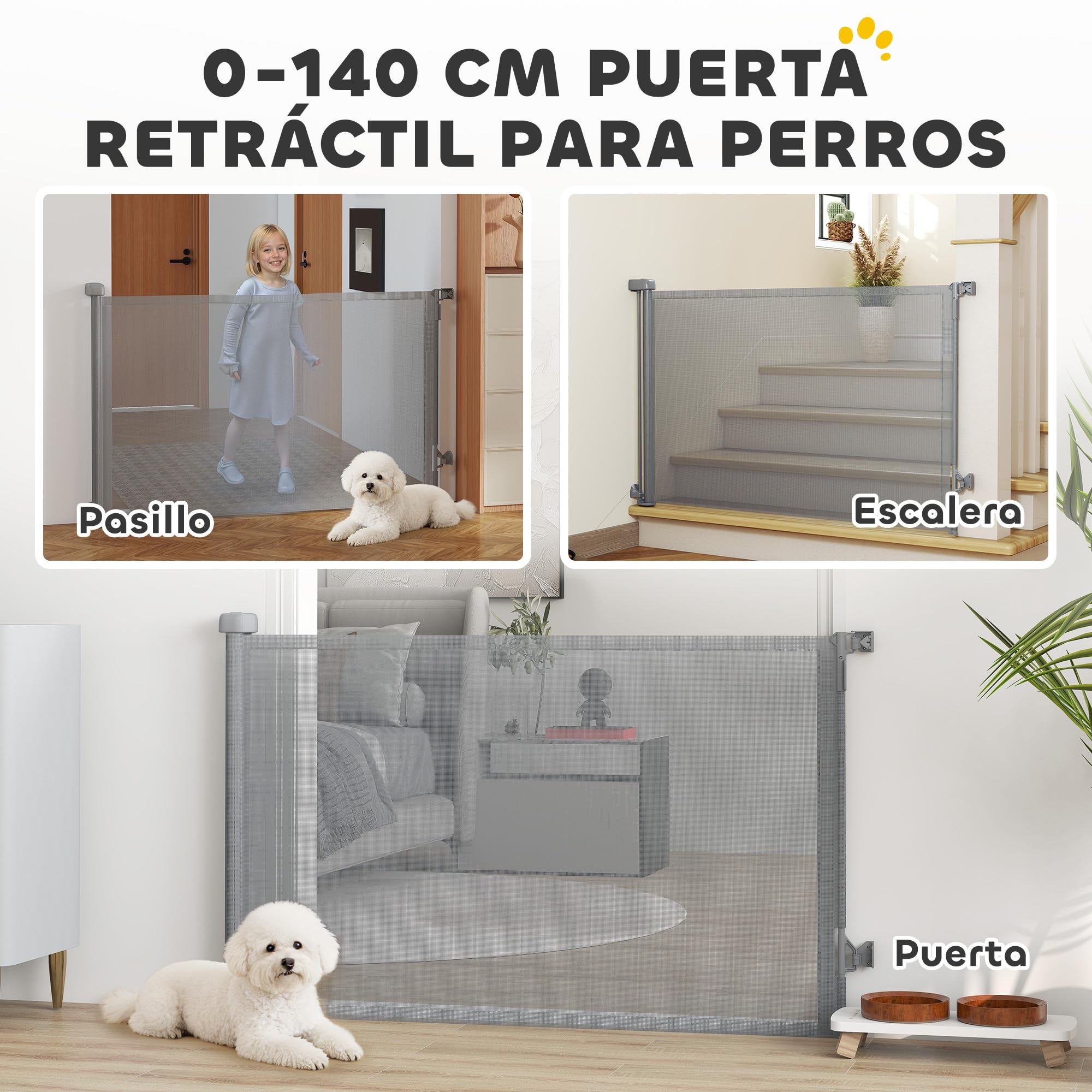 PawHut Barrera de Seguridad para Perros Retráctil, Extensible hasta 140 cm de Ancho y 93 cm de Alto, para Escaleras y Puertas, Valla para Perros Pequeños y Medianos, Uso con Una Sola Mano, Gris — view 4