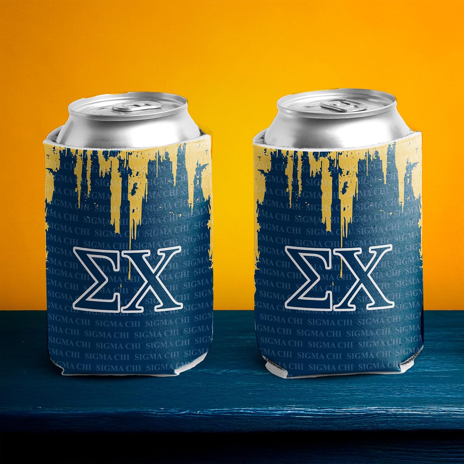 VictoryStore Sigma Chi Can Coolers – Set of 12 Fraternity Drink Sleeves for 12 oz Cans – Full-Color Yellow and Blue Greek Letter Design – Reusable Beverage Holders for College Events and Parties