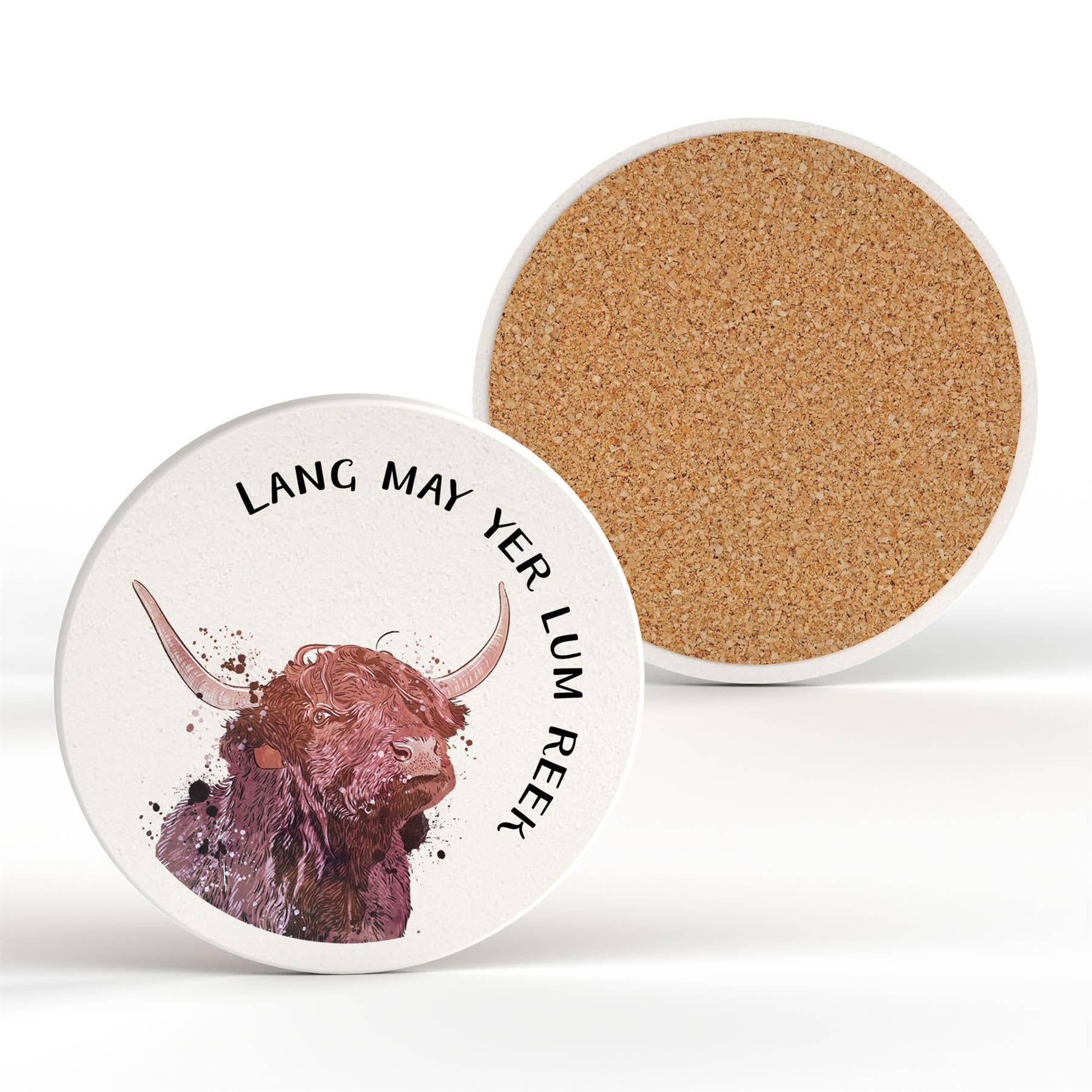 Global Designs White Shiny Ceramic With Uv Print Lang May Yer Lum Reek Highland Cow Watercolour Effect Illustration Ceramic Round Coaster