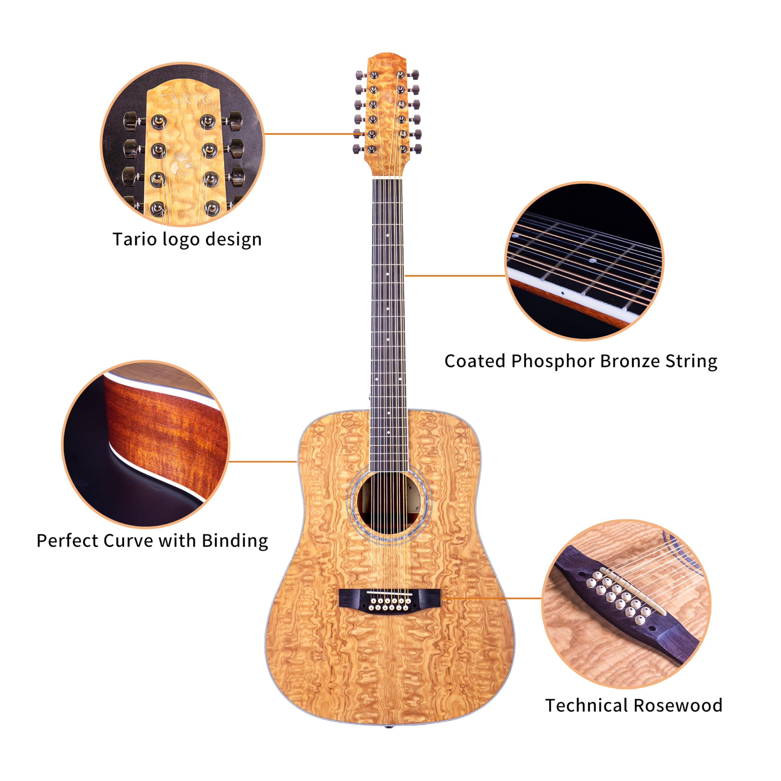 TARIO Left-handed 12 Strings Acoustic Guitar Curly Ash Top Mahogany back & sides Okoume Neck