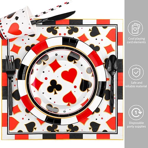 Miniatura 3 de durony Juego de vajilla de 147 piezas con temática de casino, incluye platos, servilletas, vasos, Staws y cubiertos para decoración de fiesta