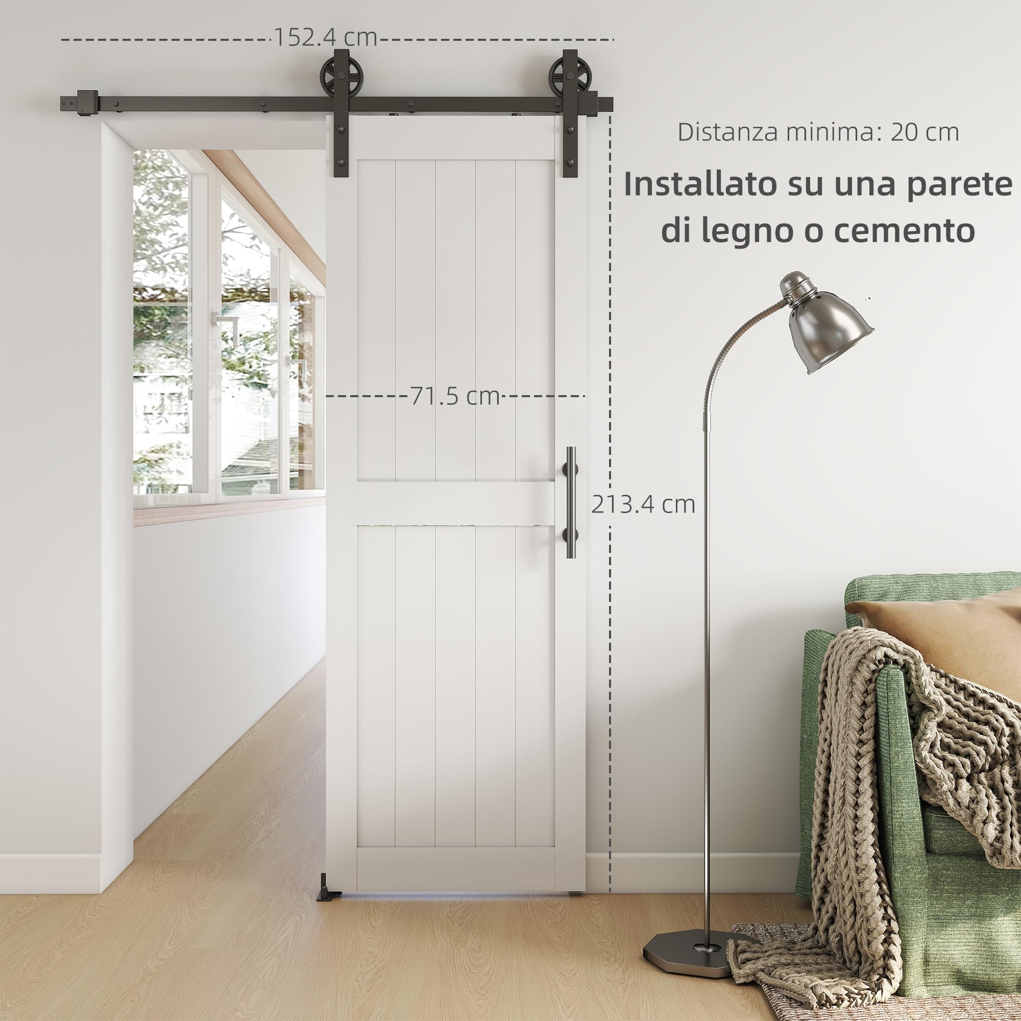 HOMCOM 72x213cm Porte grange coulissante kit quincaillerie 152cm Blanc