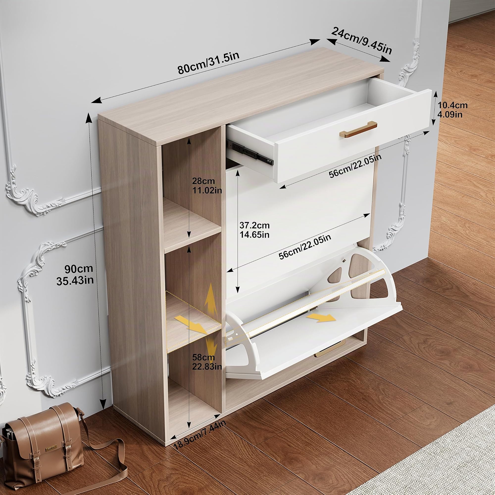 Scarpiera Salvaspazio Slim Scarpiera ingresso Scaffali portascarpe con 1 cassetto e 3 scomparti Scarpiera a 2 ante Può contenere 12-16 paia di scarpe 80x24x90cm Bianco
