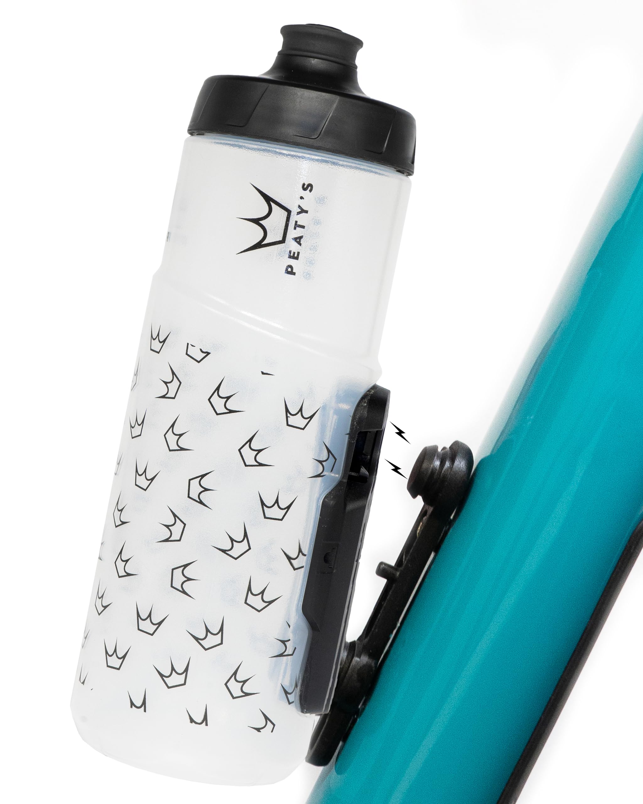 Peaty's x Fidlock Lockin Magnetic 600ml Bike Water Bottle & Mount - Bike Drink Holder and Bottle Set, Premium Alternative To Cage, Twist & Release, Bicycle and Cycling Accessories - Crown Clear