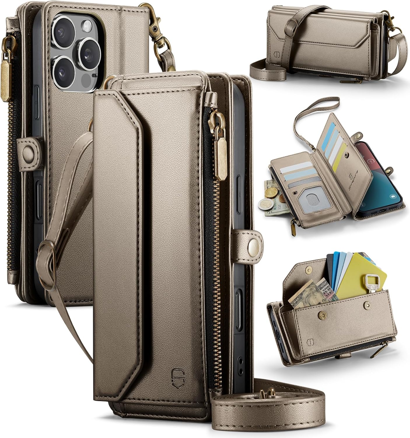 Wallet Case Compatible with iPhone 16 Pro Max 6.9" RFID Blocking 10-Card Holder Soft PU Leather Magnetic Snap Strap Zipper Pocket Phone Case Fit for iPhone 16 Pro Max - Desert Titanium