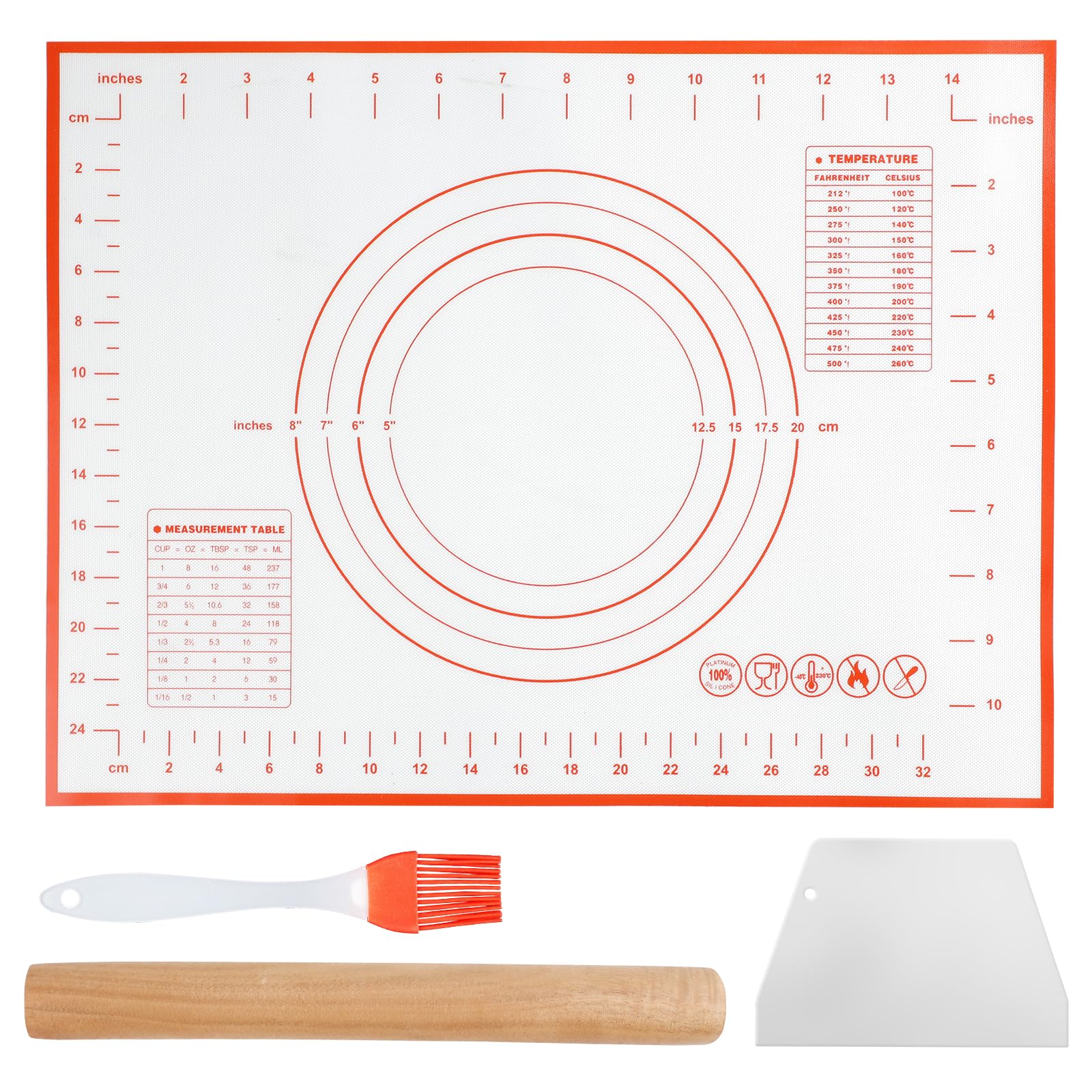 HMIEPRS 4er Set Nudelholz und Backmatte mit Backpinsel & Teigschaber, Antihaft-Silikon-Backmatte und Hölzerne Teigrolle zum Backen für Teig Brot Pizza Gebäck Plätzchen