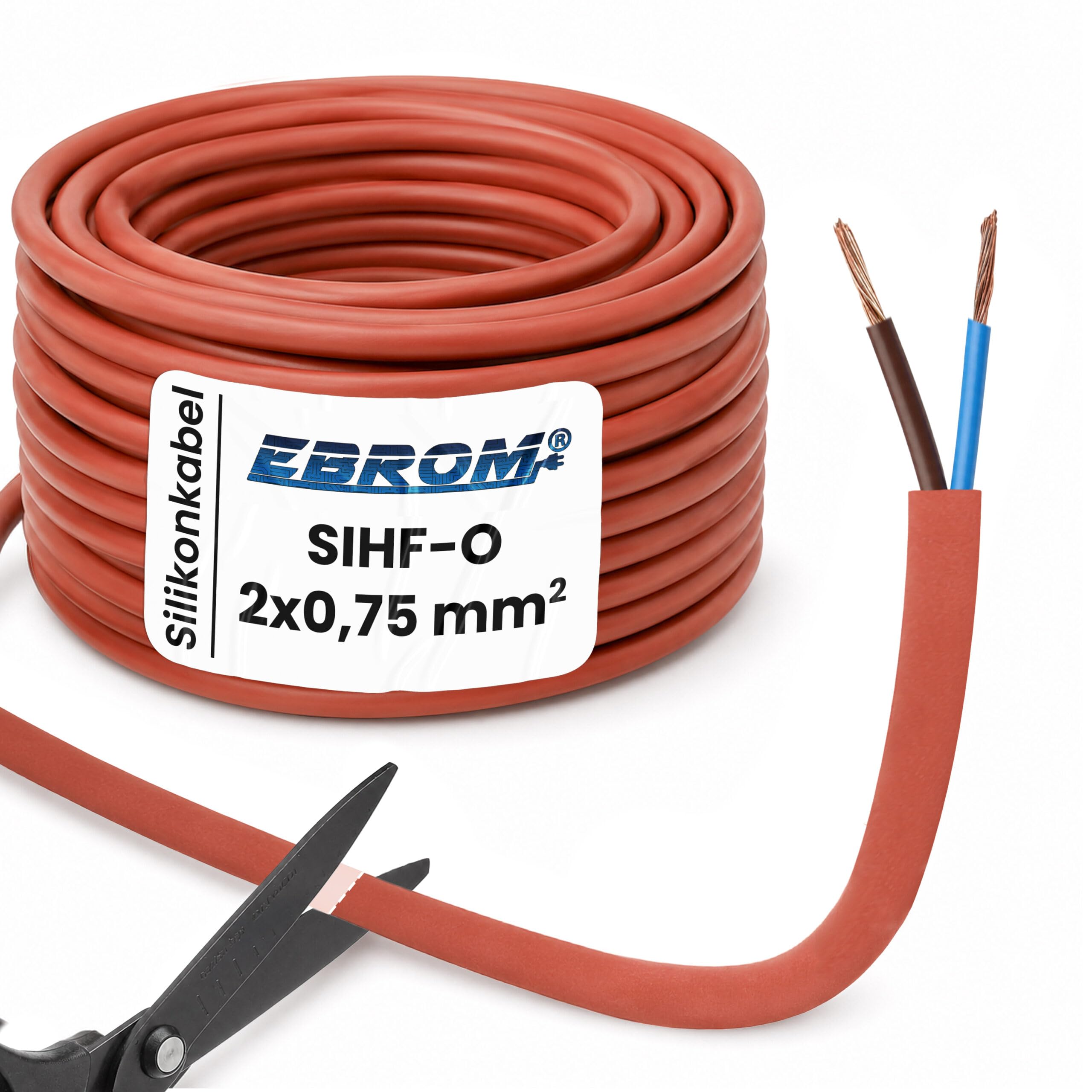 EBROM Silikonkabel Saunakabel SIHF-O 2x0,75 mm² Länge: 25 Meter 2x0,75 mm2 | von 1 m bis 50 m, hitzebeständig bis 180 C° 99,9% OFC Kupfer verzinnt, als Fühlerleitung für Temperaturfühler als Messleitung