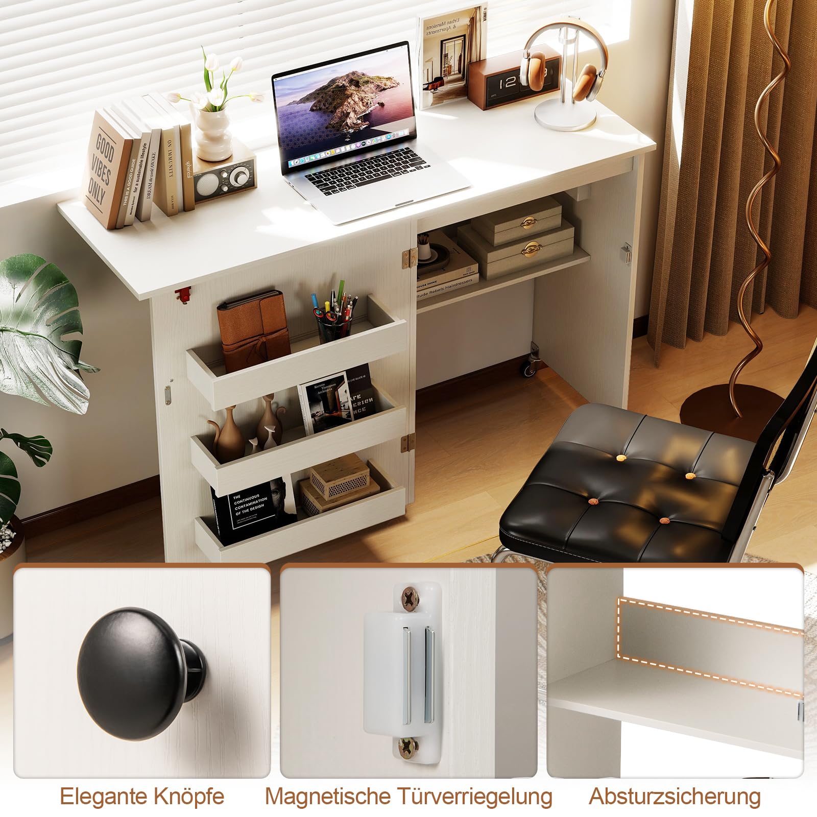 RELAX4LIFE 2 in 1 Nähtisch, Nähmaschinenschrank klappbar mit Ladestation, Nähschrank aus Holz mit Regalen, Nähmaschinentisch auf Rollen für Wohnzimmer & Schlafzimmer & Arbeitszimmer (Weiß)