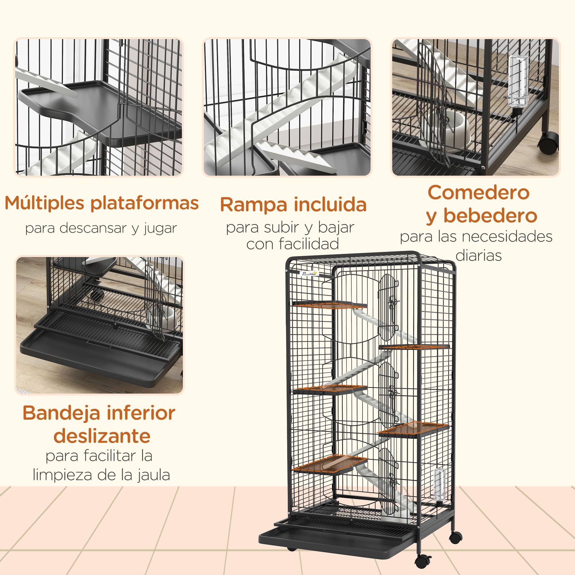 PawHut Jaula para Hurones con Ruedas Rampa Cuenco 61,5x44x131cm Negro | Jaula para Animales Pequeños, Botella de Agua, Bandeja Extraíble, Recinto para Conejos Chinchillas