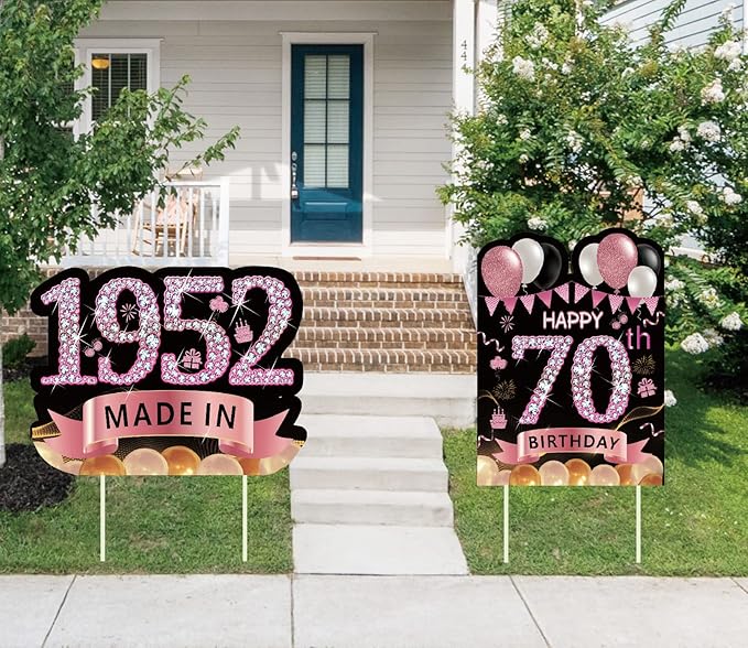 2Pcs 16" Large Happy 70th Birthday Party Yard Sign Decorations for Women,Rose Gold