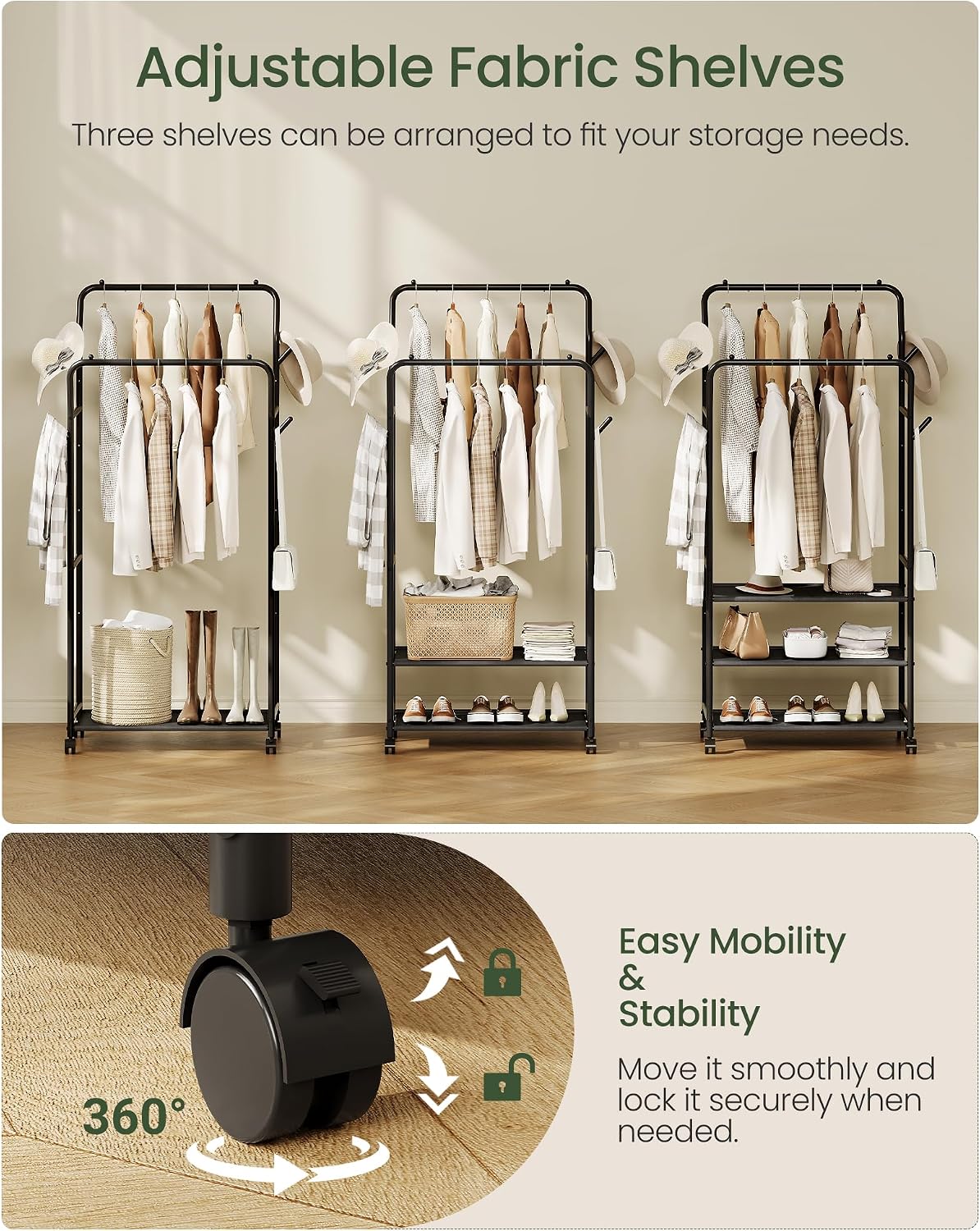 CHOEZON Clothes Racks for Hanging Clothes, Rolling Garment Rack, Clothing Rack with Wheels and Hooks, Double Rod Clothes Rack with Shelves, for Bedroom, Living Room, Laundry Room Black TYM07BB