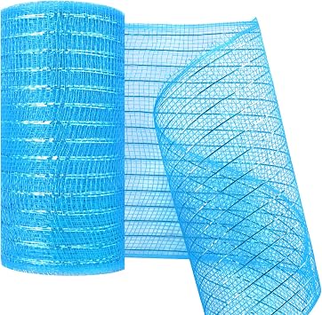 Deco Mesh 5.9 Inch x 30 Feet Deco Poly Mesh Ribbon with Metallic Foil Deco Mesh Wreath Supplies Wired Ribbon Mesh Roll for Spring Wreaths, Swags, Craft, Party Decoration Lake Blue