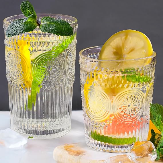 12pcs Vintage Drinking Glasses Set, 12 oz Highball Glasses & 9 oz Embossed Ribbed Glassware Cups for Cocktail, Water, Juice, Coffee, Whiskey (Clear)