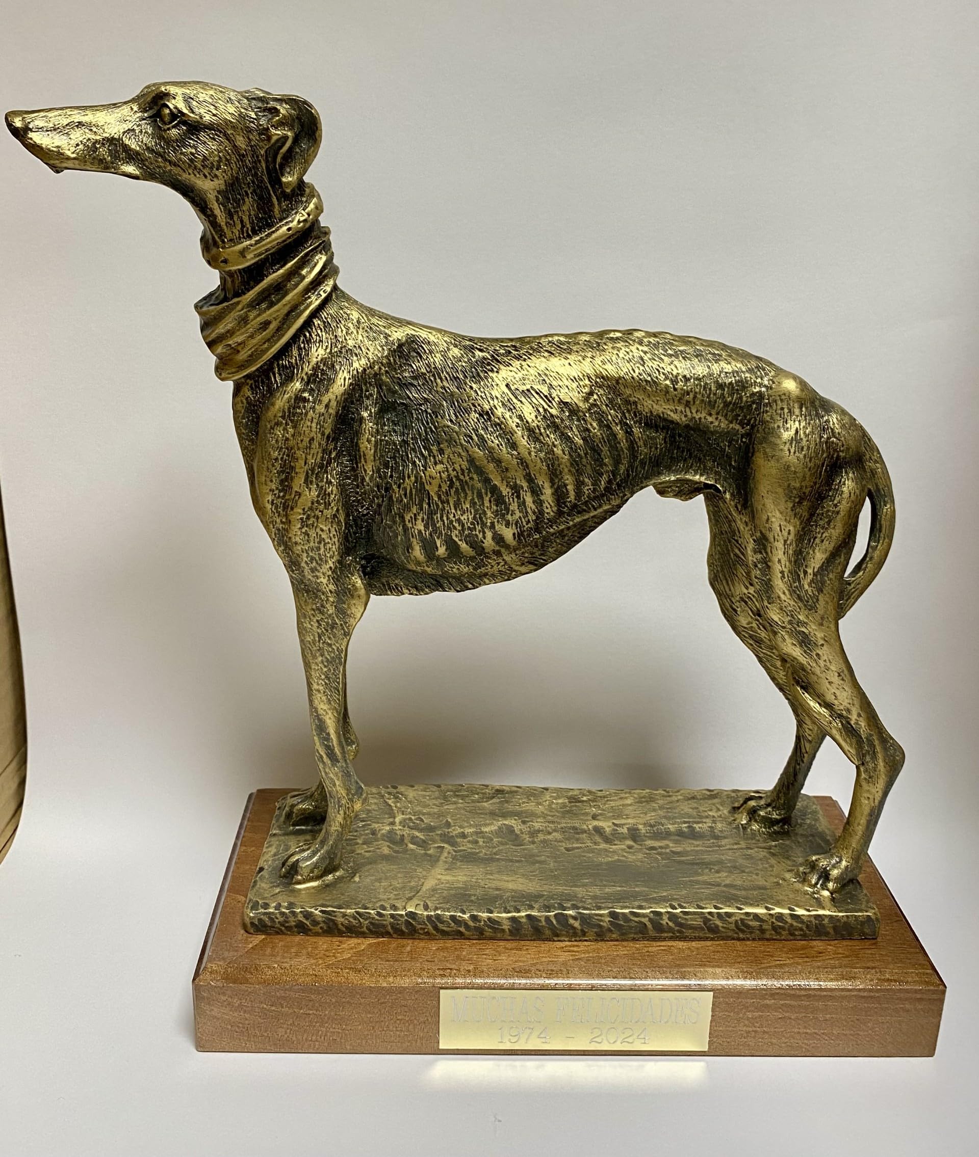 Figura Galgo GRABADA Escultura Personalizada con Nombre Perro de Resina Dorada y pena de Madera