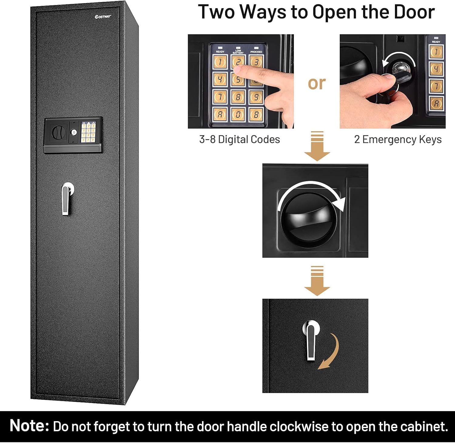 COSTWAY Large Rifle Safe, Long Gun Safe for Rifle Shotgun, 5-Gun Metal Security Storage Cabinet with Handgun Lockbox, Digital Keypad & Emergency Keys, Quick Access Gun Safety for Home Black
