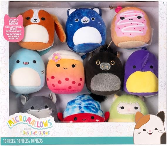 Squishmallows Original Micromallows Plush 10-Pack - 2.5 Inch Plush includes favourites Sharon the Shark, Indie the Hermit Crab, Bergit the Boba, Cavaleri the Aplaca, and Darcy the Dog